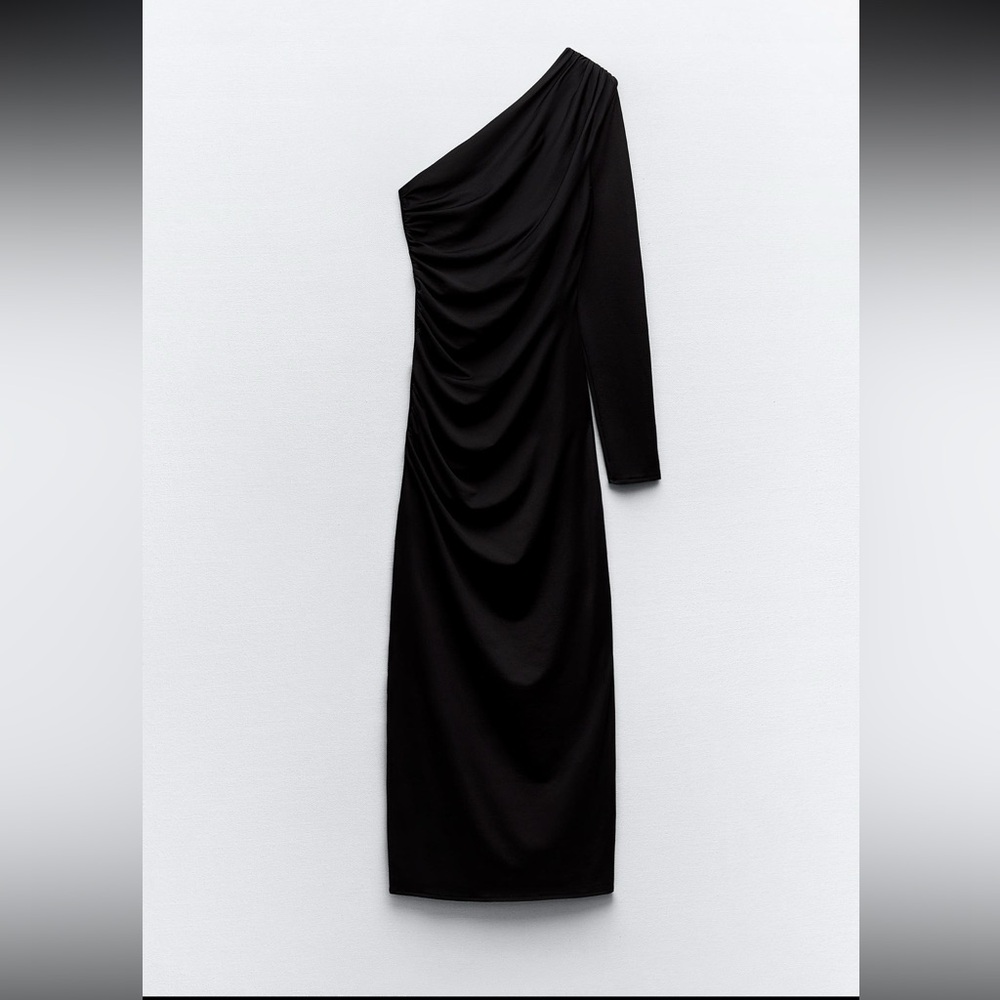 ZARA - One-Shoulder Black Long Sleeve Midi Dress